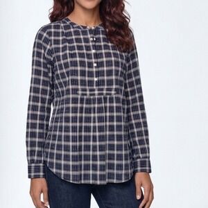 Loft Plaid Henley Tunic Women XS Navy Blue Preppy Casual Long Sleeve Blouse